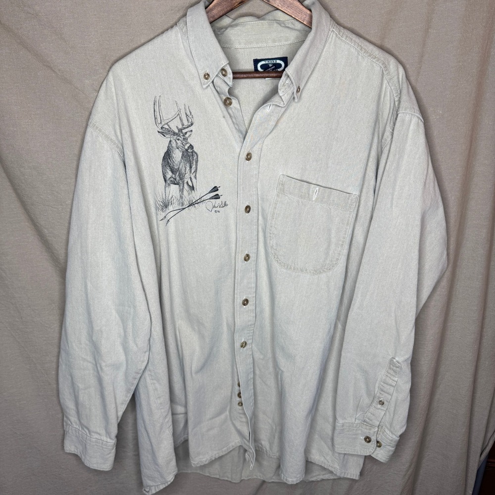 Vintage Three Rivers John Siller Deer Graphic Shirt XL Khaki Cotton Button Down
